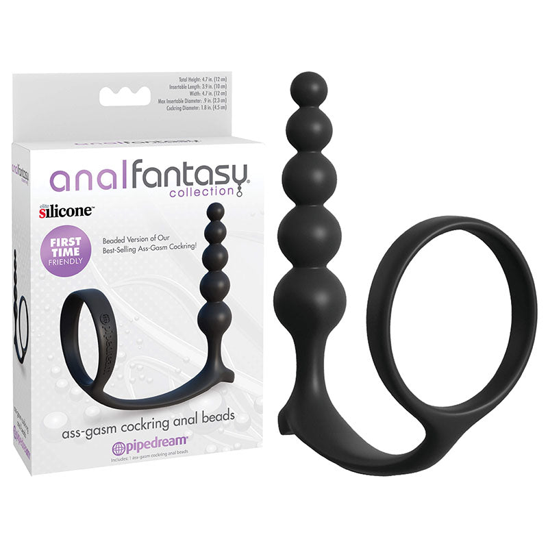 Anal Fantasy Collection Ass-Gasm Cockring Anal Beads - Black Cock Ring with Anal Plug